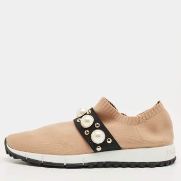 Pre Owned Jimmy Choo Beige Fabric Studded Accents Sneakers Size 37