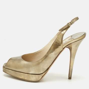 Pre Owned Jimmy Choo Gold Leather Nova Peep Toe Slingback Pumps Size 38