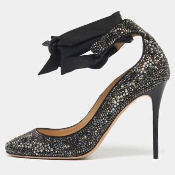 Pre Owned Jimmy Choo Black Crystals and Leather Rosana Pumps Size 36