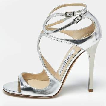 Pre Owned Jimmy Choo Silver Leather Azia Ankle Strap Sandals Size 36.5