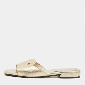 Pre Owned Jimmy Choo Gold Lizard Embossed Leather Dina Flat Slides Size 37