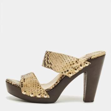 مملوكة مسبقًا Jimmy Choo Beige/Brown Snakeskin Embossed Leather Wooden Platform Sandals Size 40