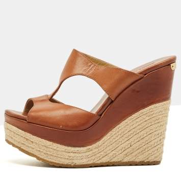 Pre Owned Jimmy Choo Brown Leather Platform Wedge Espadrille Sandals Size 36.5