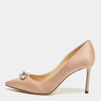 Pre Owned Jimmy Choo Gold Satin Crystal Embellish Manda Pumps Size 37.5
