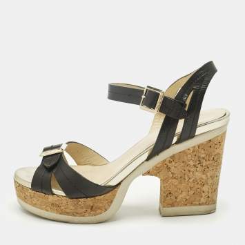 Pre Owned Jimmy Choo Black Leather Cork Ankle Strap Sandals Size 36