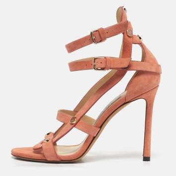 Pre Owned Jimmy Choo Orange Suede Studded Ankle Strap Sandals Size 36