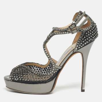 Pre Owned Jimmy Choo Metallic Silver Mesh And Leather Crystal Embellished Ankle Strap Sandals Size 38