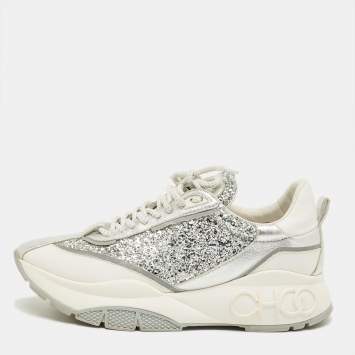 Pre Owned Jimmy Choo Silver Glitter and Leather Raine Lace Up Sneakers Size 41