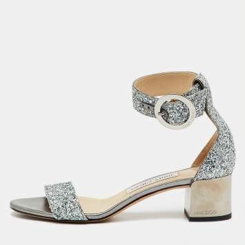 Pre Owned Jimmy Choo Metallic Silver Glitter Bitter Ankle Strap Sandals Size 36