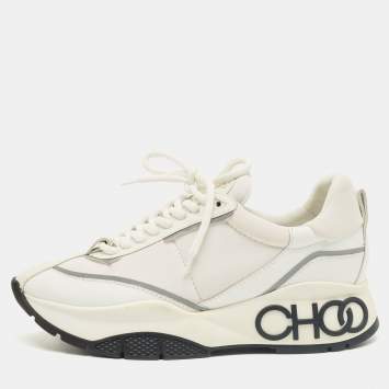 Pre Owned Jimmy Choo White Neoprene and Leather Raine Lace Up Sneakers Size 37.5