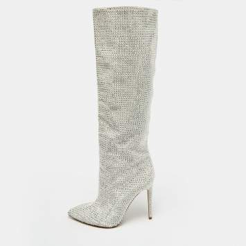 Pre Owned Jimmy Choo Grey Suede Crystals Embellished Knee Length Boots Size 39