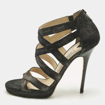 Pre Owned Jimmy Choo Black Suede Strappy Sandals Size 37.5
