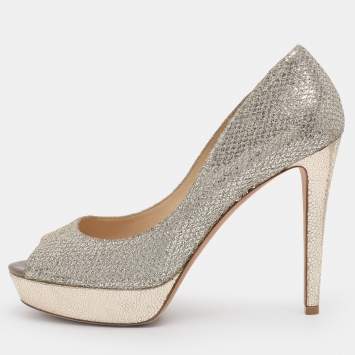 Pre Owned Jimmy Choo Dahlia Size 41 Silver/Gold Glitter and Lurex Fabric Platform Pumps