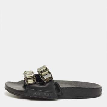 Pre Owned Jimmy Choo Fitz Size 38 Black Leather Flat Slide