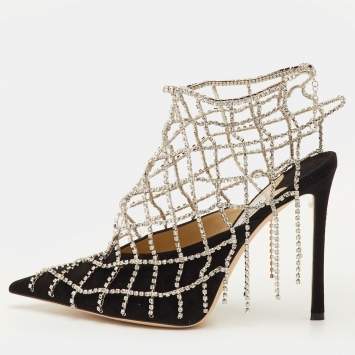 Pre Owned Jimmy Choo Scotty Size 40.5 Black Suede Pointed Toe Crystal Chains Pumps