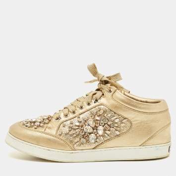 Pre Owned Jimmy Choo Miami Size 37 Gold Leather Crystal Embellished Lace Up Sneakers