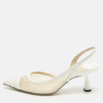 Pre Owned Jimmy Choo Fetto Size 37.5 White Mesh and Patent Leather D'orsay Pumps