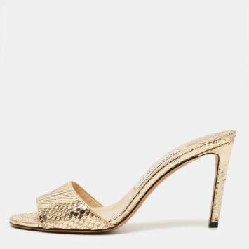 Pre Owned Jimmy Choo Stacey Size 37 Gold Snakeskin Embossed Leather Slide Sandals