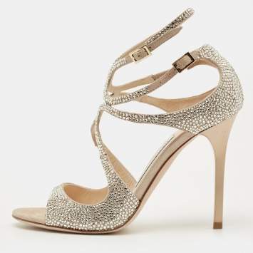 مملوكة مسبقًا Jimmy Choo Lang Size 36.5 Beige Crystal Embellished Suede Ankle Strap Sandals
