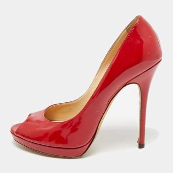 Pre Owned Jimmy Choo Size 39.5 Red Patent Leather Peep Toe Pumps