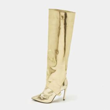 مملوكة مسبقًا Jimmy Choo HURLEY 100 Size 37.5 Gold Leather Knee Length Boots