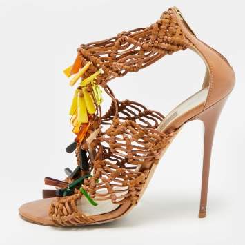 Pre Owned Jimmy Choo Iris Size 38 Brown Macramé Leather and Suede Embellishment Ankle Strap Sandals