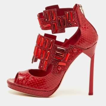 مملوكة مسبقًا Jimmy Choo Jing Size 38.5 Red Snakeskin Leather Crystal Embellished Ankle Booties