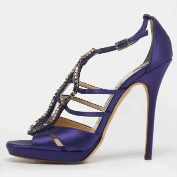 مملوكة مسبقًا Jimmy Choo Size 37 Purple Satin Crystal Embellished Ankle Strap Sandals