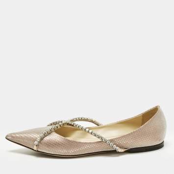 مملوكة مسبقًا Jimmy Choo Genevi Size 39 Beige Glitter Crystal Embellished Ballet Flats