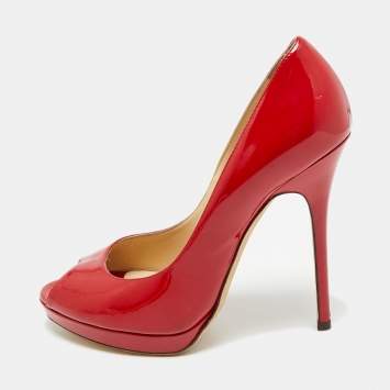 مملوكة مسبقًا Jimmy Choo Luna Size 38.5 Red Patent Leather Peep Toe Pumps