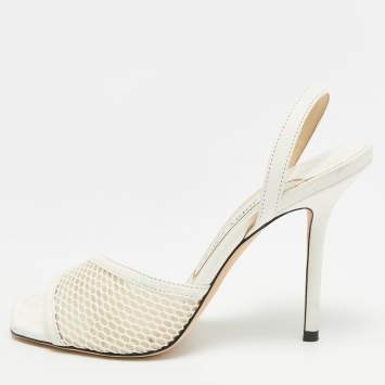 مملوكة مسبقًا Jimmy Choo Size 36.5 White Leather and Mesh Slingback Sandals