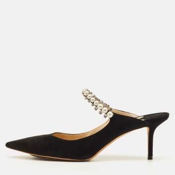 Pre Owned أحذية مول شامواه سوداء جيمي تشو مرصعة باللؤلؤ والكريستال مقدمة مدببة مقاس 40