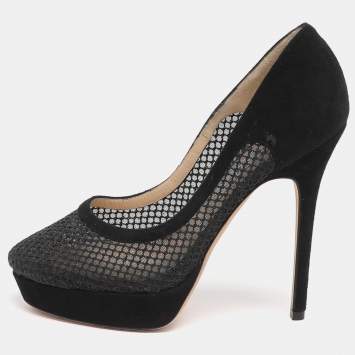 Pre Owned Jimmy Choo Tesia Size 36 Black Mesh and Suede Platform Pumps