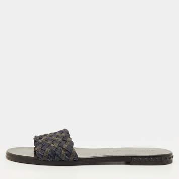 Pre Owned Jimmy Choo Size 37 Navy Blue/Grey Woven Fabric Flat Slide Sandals