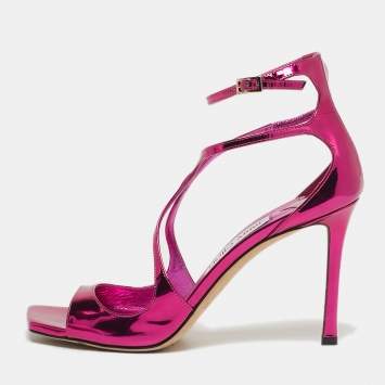 Pre Owned Jimmy Choo Size 39 Metallic Pink Patent Leather Azia Ankle Strap Sandals 