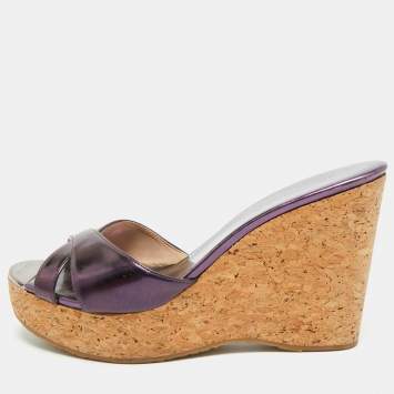 Pre Owned Jimmy Choo Perfume Size 41 Purple Patent Leather Cork Platform Wedge Sandals
