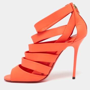 Pre Owned Jimmy Choo Dame Size 37 Orange Leather Ankle Strap Sandals