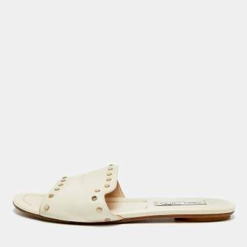 Pre Owned Jimmy Choo Nanda Size 39 Cream Leather Studded Flat Slides