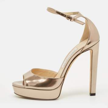 مملوكة مسبقًا Jimmy Choo Max 150 Size 37 Gold Leather Ankle Strap Sandals