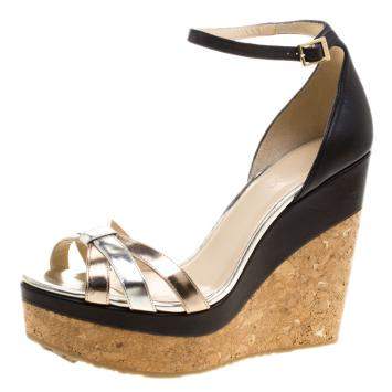 Pre Owned Jimmy Choo Metallic Leather and Cork Ankle Strap Wedges Size 42