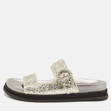 Pre Owned Jimmy Choo Marga Size 41 Silver Glitter and Leather Crystal Embellished Flat Sandals