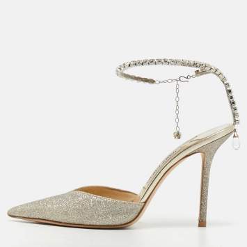 Pre Owned Jimmy Choo Saeda Size 38 Gold Glitter Ankle Strap Pumps