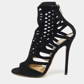 Pre Owned صندل جيمي تشو إيموجن سويدي أسود بفتحات مطاطية مقاس 38