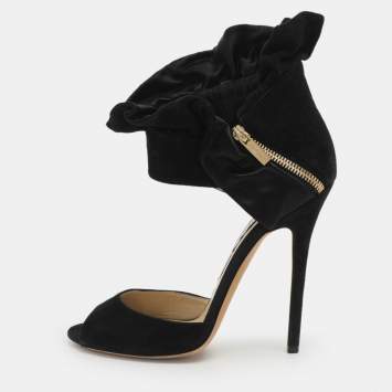 Pre Owned Jimmy Choo Black Suede and Satin Ruffle Ankle Strap Sandals Size 38