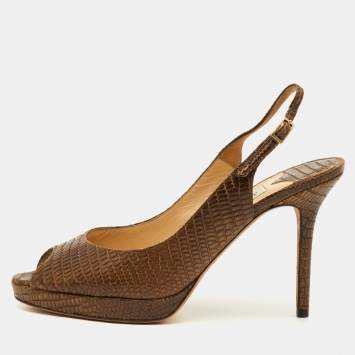 Pre Owned Jimmy Choo Size 39 Brown Python Embossed Leather Peep Toe Platform Sandals