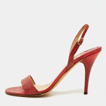 Pre Owned Jimmy Choo Size 40.5 Red/Black Lizard Leather Slingback Sandals