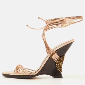 Pre Owned Jimmy Choo Size 36 Metallic Leather Ankle Wrap Wedge Sandals