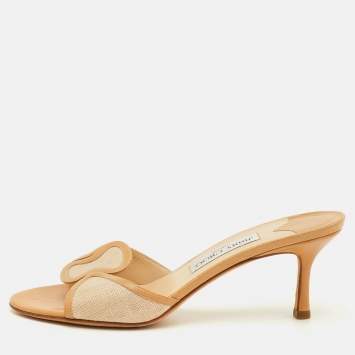 Pre Owned Jimmy Choo Size 39 Beige Fabric and Leather Slide Sandals