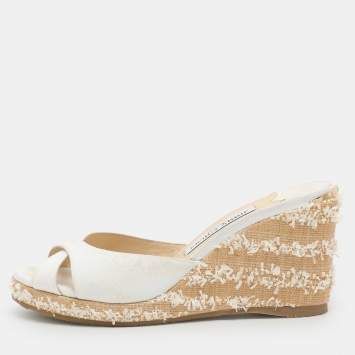 Pre Owned Jimmy Choo Avenue Size 37.5 White Canvas Espadrille Sandals