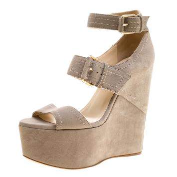 Pre Owned Jimmy Choo Grey Nubuck Leora Platform Wedge Ankle Strap Sandals Size 36.5